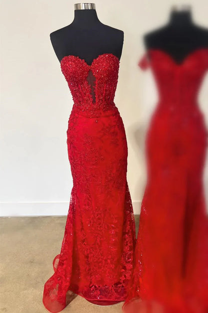 Black Strapless Lace Mermaid Long Party Prom Dress