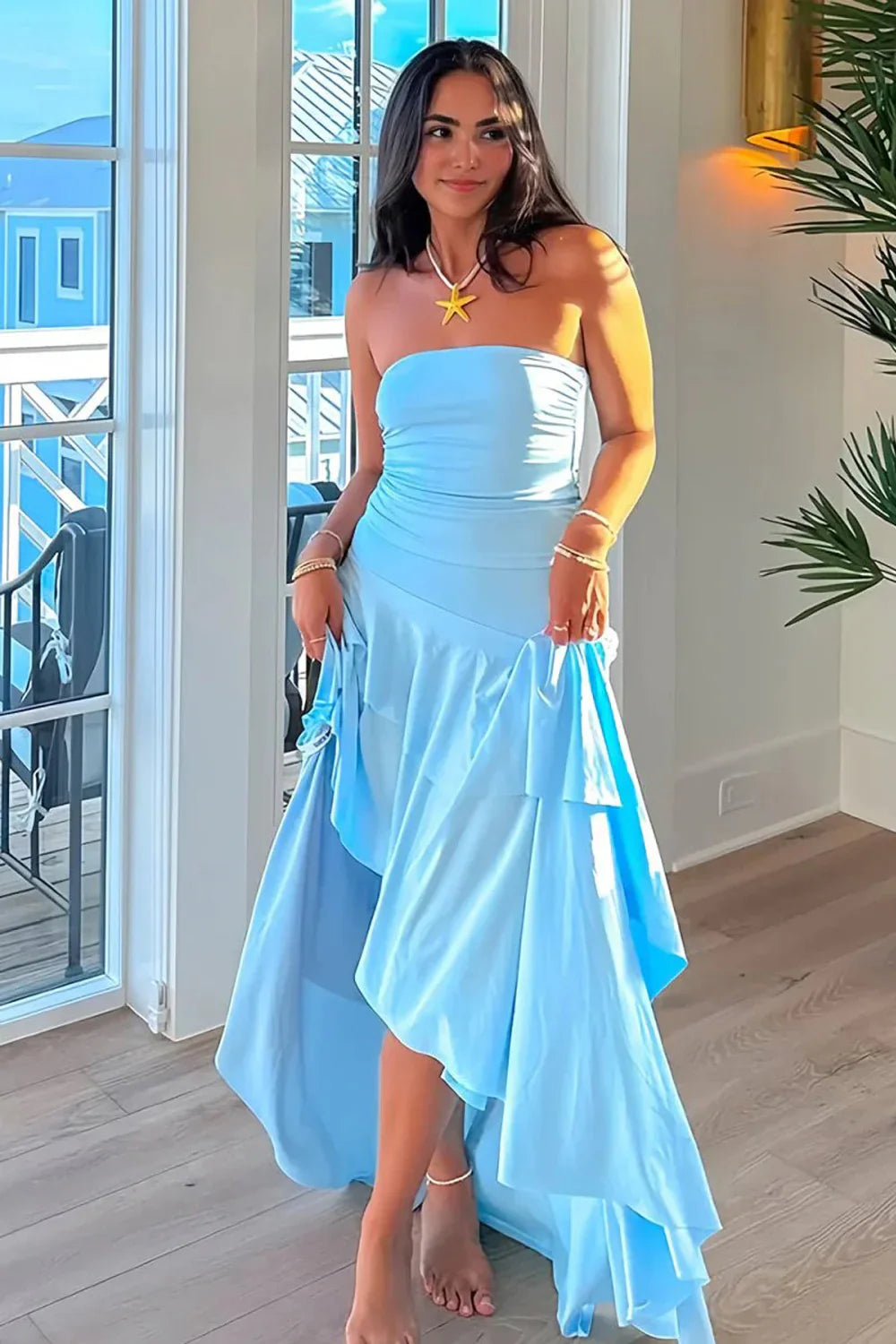 Cute Satin A-Line Tiered Strapless Party Prom Dress