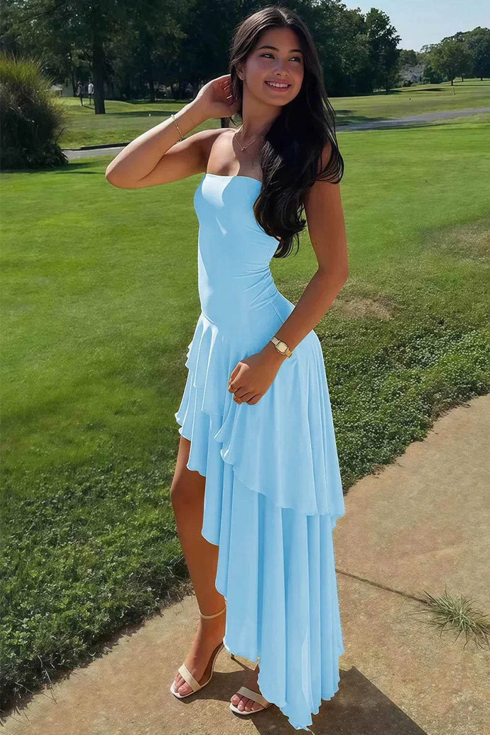Cute Satin A-Line Tiered Strapless Party Prom Dress