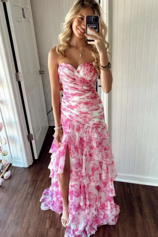 Chic Sweetheart Strapless Pleated Chiffon Tiered Party Prom Dress
