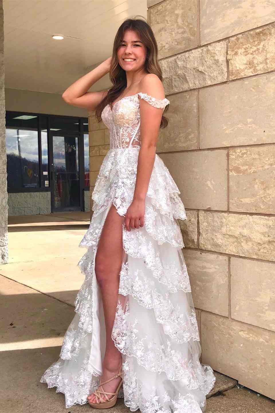 Off the Shoulder Sequin Applique Ruffle Prom Dress with Slit