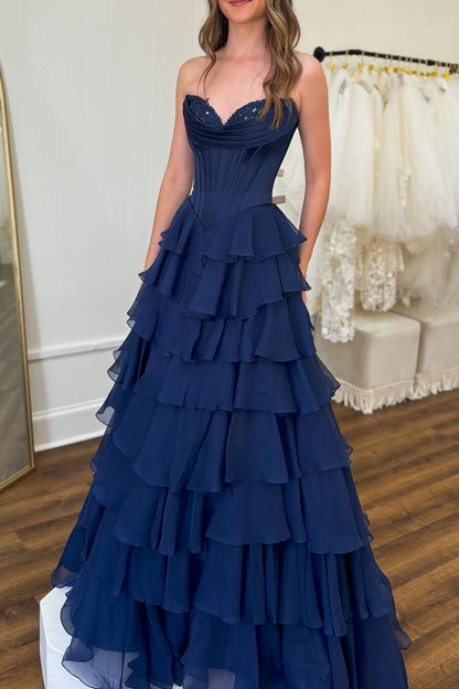 Strapless Applique Corset Ruffle Prom Dress with Slit