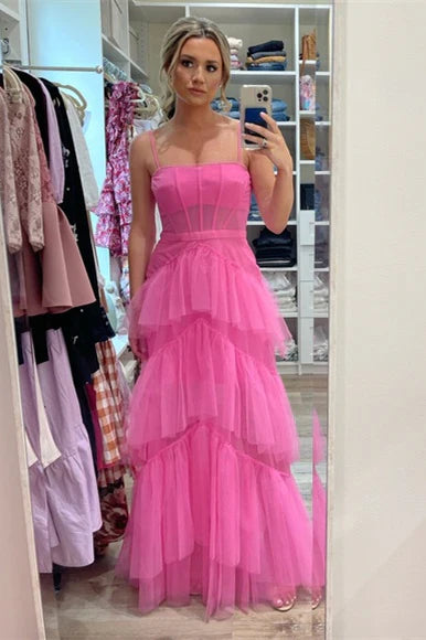 Straps Tulle A-Line Sheer Empire Tiered Prom Party Dress