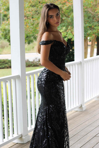Gold Off-Shoulder Sequined Floral Mermaid Long Prom Dress with Slit