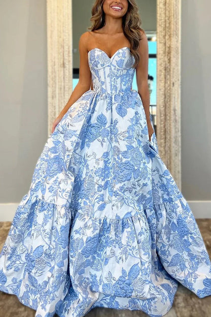 Elegant Strapless Blue Floral Corset Jacquard Prom Dress