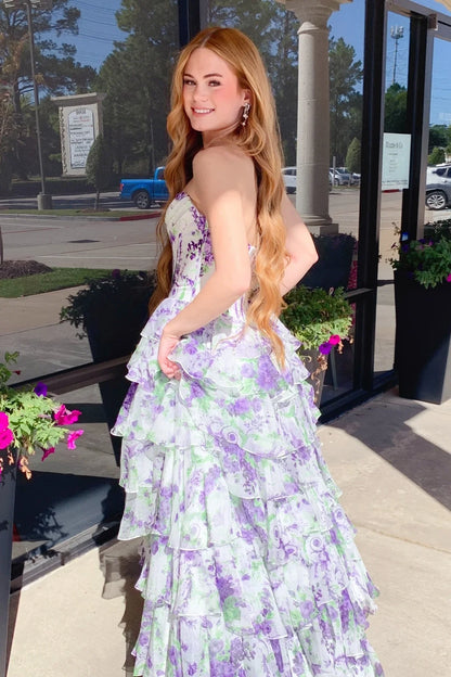Dreamy Pink Floral Print Corset Chiffon Ruffle Prom Dress