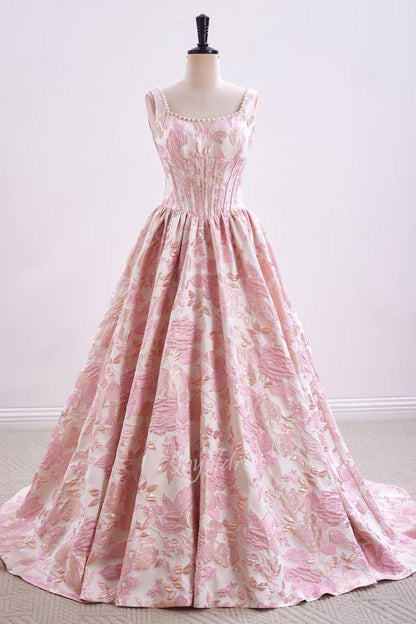 Elegant Straps Pink Jacquard A-Line Long Prom Dress with Pearl