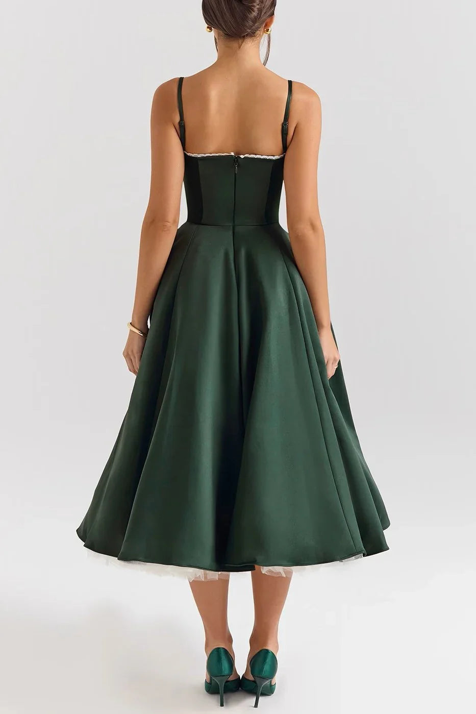 Elegant Green Satin Evening Prom Dress with Spaghetti Straps
