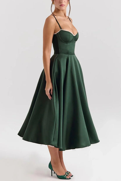 Elegant Green Satin Evening Prom Dress with Spaghetti Straps