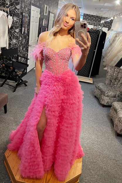 White Feathered Off-Shoulder Beaded Ruffled Layers Long Prom Dress