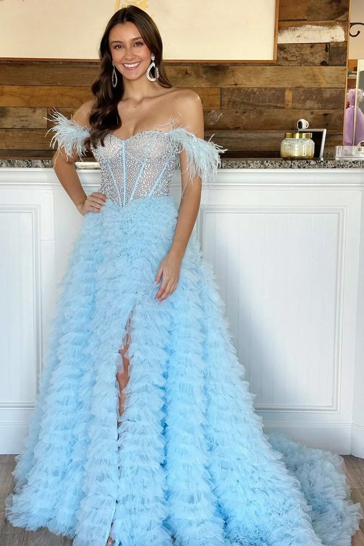 White Feathered Off-Shoulder Beaded Ruffled Layers Long Prom Dress