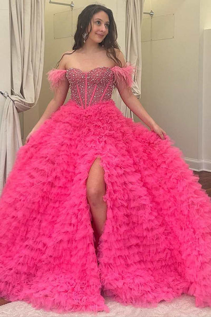 White Feathered Off-Shoulder Beaded Ruffled Layers Long Prom Dress
