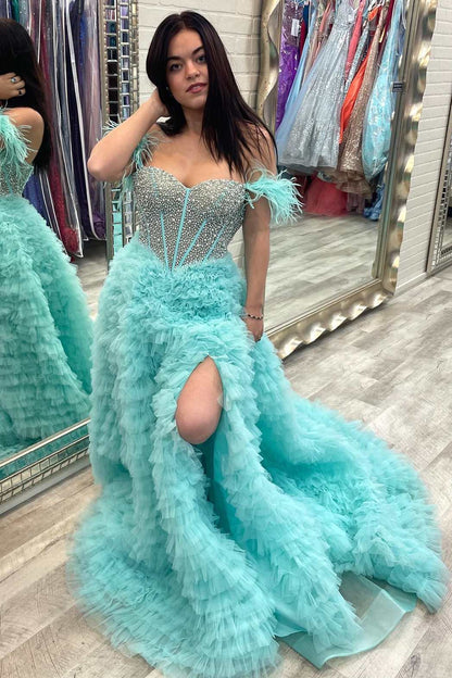 White Feathered Off-Shoulder Beaded Ruffled Layers Long Prom Dress