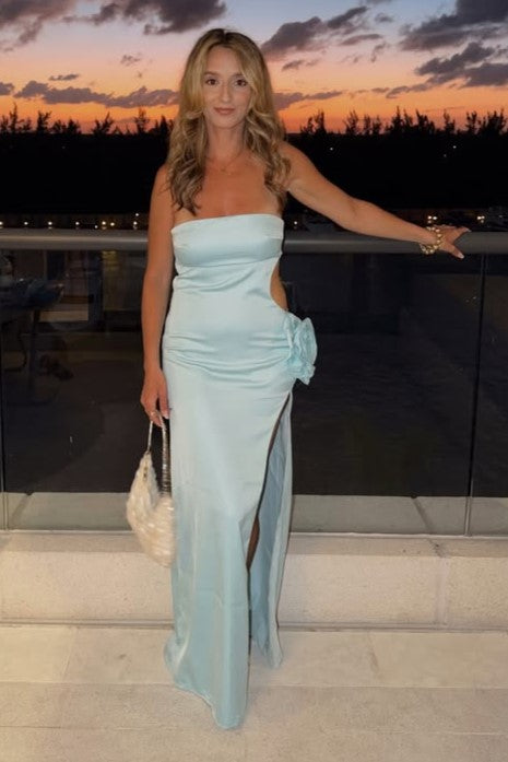 Elegant Light Blue Strapless Satin High Slit Prom Dress