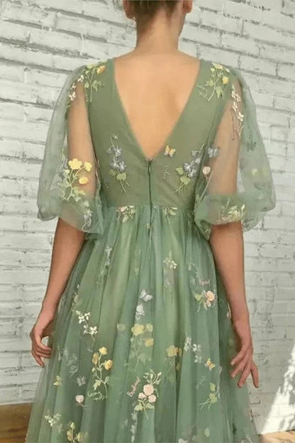 Elegant Green Floral Embroidered Prom Dress with Puff Sleeves