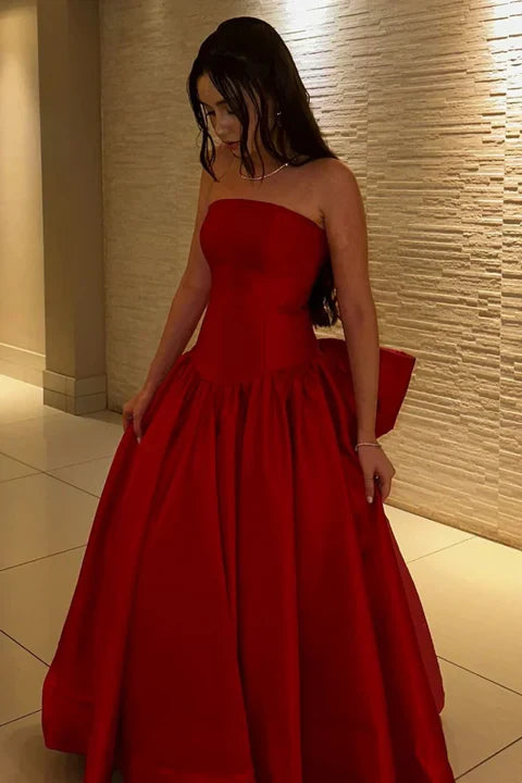 Classic Red Strapless Satin A-Line Prom Ball Gown with Bow