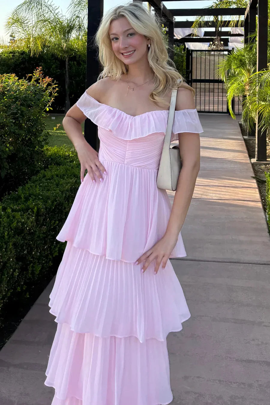 Romantic Off the Shoulder Chiffon Ruffle Tiered Prom Dress