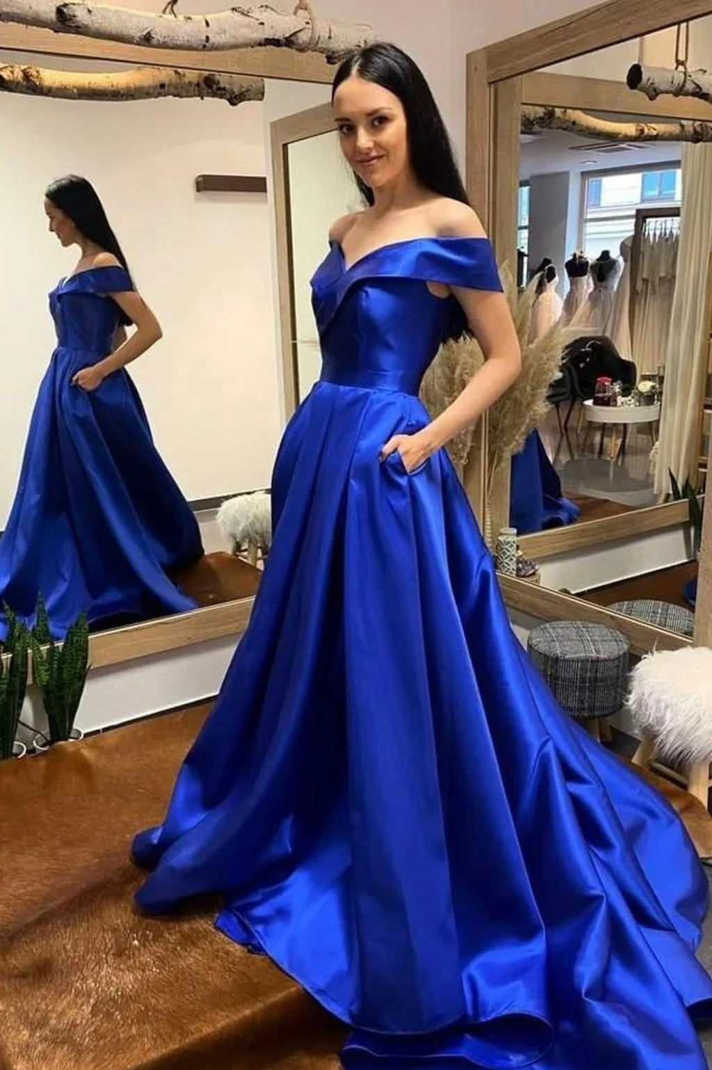Simple V-Neck Satin Long Prom Dress, Royal Blue Formal Dresses