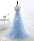 Light Blue Evening Party Dress Ruffled Tulle Long Prom Gown