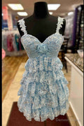 Vintage Light Blue Sequined Beaded Design Sleeveless Tiered Homecoming Dress TP3511