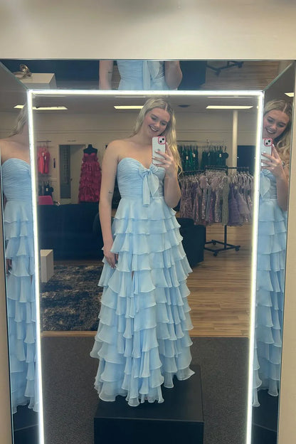 Chiffon A-Line Sweetheart Strapless Tiered Formal Party Dress