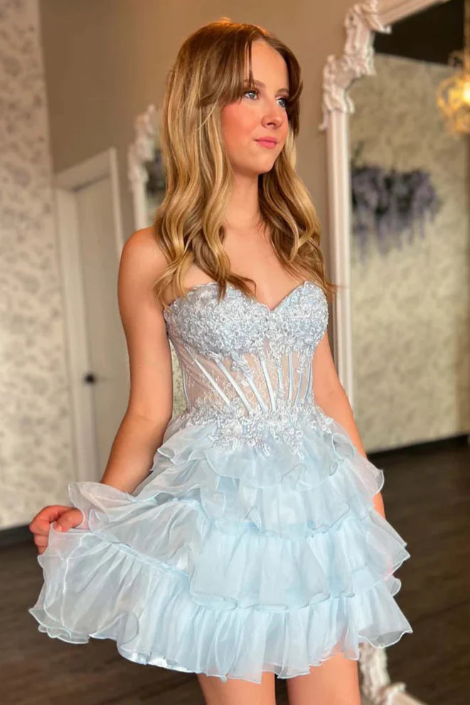 Tulle A-Line Sweetheart Strapless Appliques Sheer Homecoming Dress