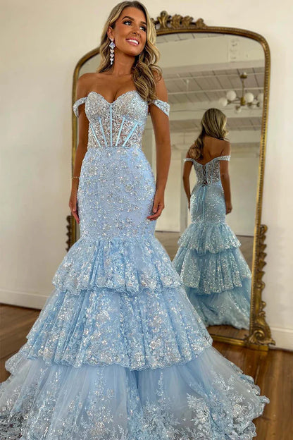 Mermaid Off-Shoulder Lace Tiered Party Prom Dress