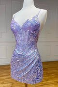 Sparkle Sequin Bodycon Lilac Cocktail Dress Short