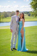 Stunning Spaghetti Straps V-Neck Sequined High Slit Long Prom Dresses