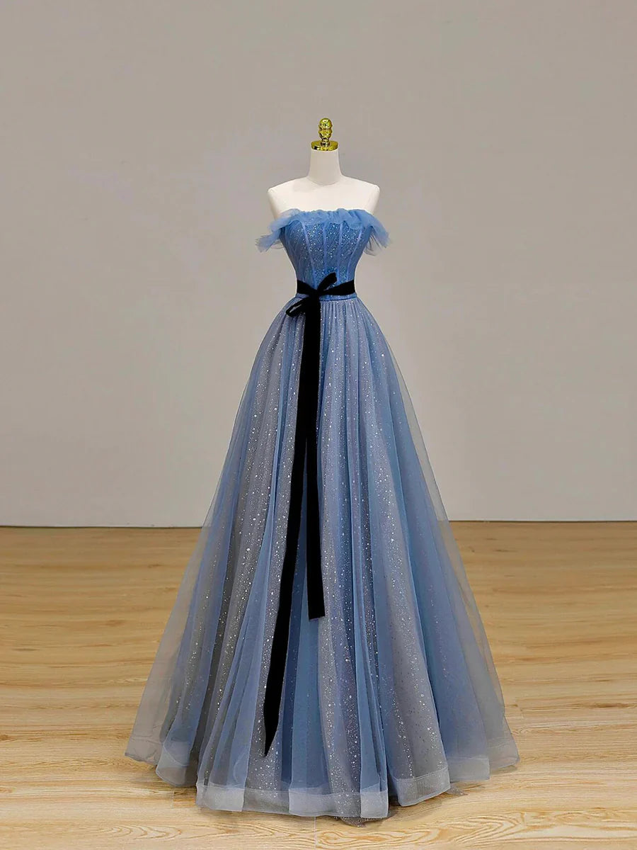 Gray Tulle Floor Length Prom Dress, A-Line Strapless Evening Party Dress TP100