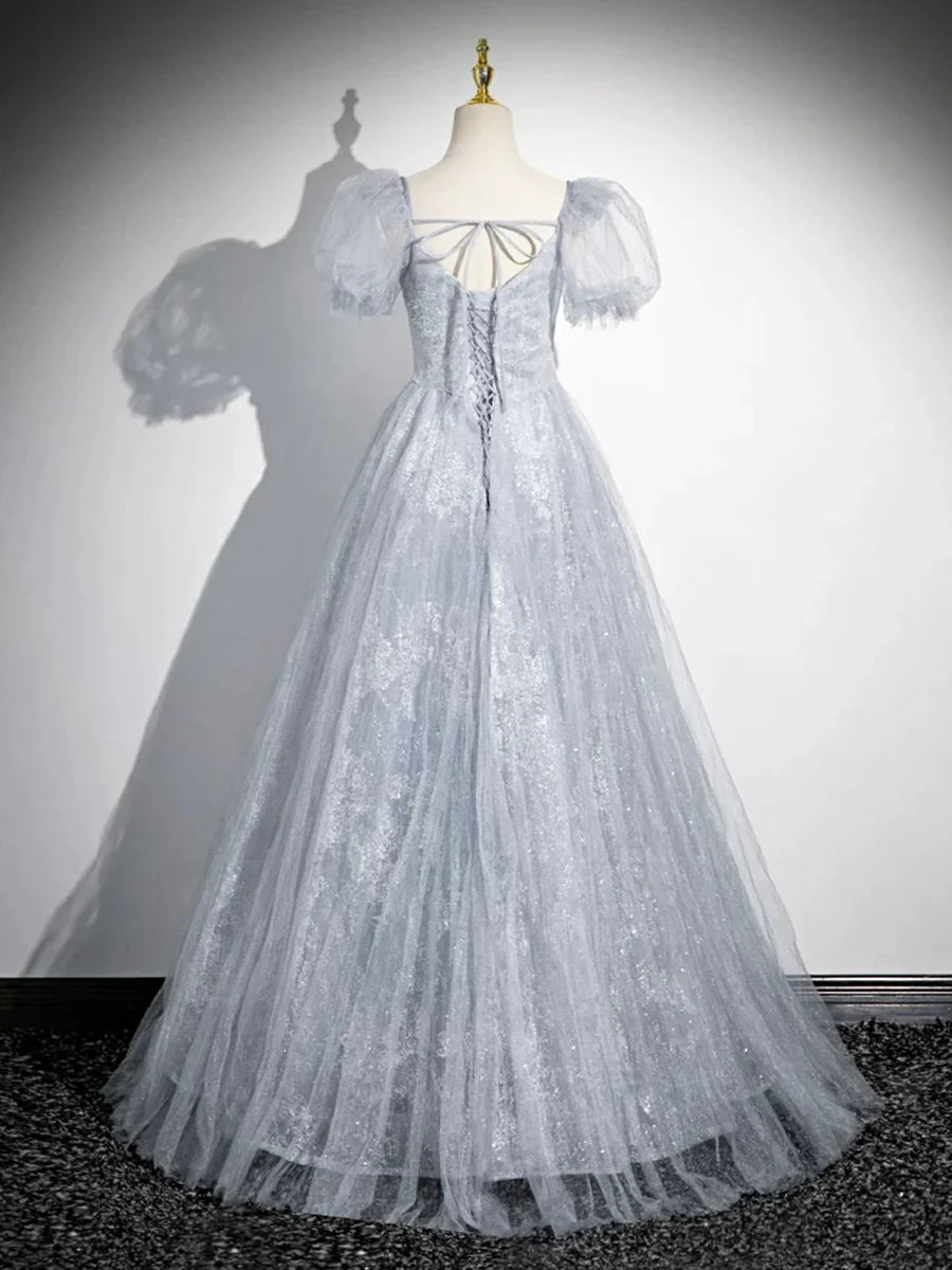 Gray Tulle Beaded Floor Length Prom Dress, A-Line Short Sleeve Evening Party Dress TP101