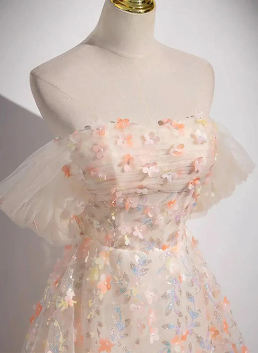 Beautiful A-line Off Shoulder Flowers Lace Formal Dress, Long Prom Dress TP1015
