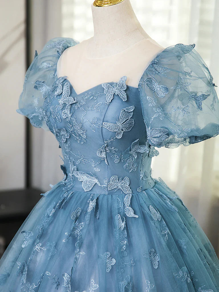 Lovely Blue Short Sleeves Long Party Dress With Butterfly Lace, Blue Prom Dress TP1024
