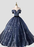 Retro Navy Blue Sweetheart Off-the-shoulder Quinceanera A-Line Long Formal Dress Sweet 16 Ball Gown TP1033