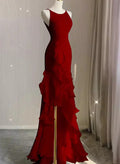 Wine Red Long Round Neckline Low Back, Wine Red Evening Dress Prom Dress TP1036