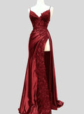 Wine Red Satin with Lace Formal Dress, Wine Red Evening Dress Prom Dress TP1040