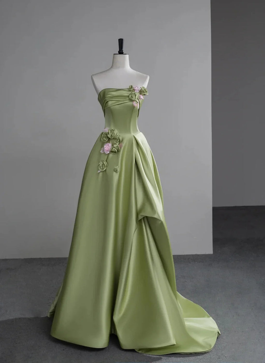 Green A-line Satin with Flowers Long Evening Dress, Green Satin Prom Dress TP1054