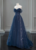 Navy Blue Sweetheart Off Shoulder Tulle Prom Dress, A-line Tulle Formal Dress TP1057