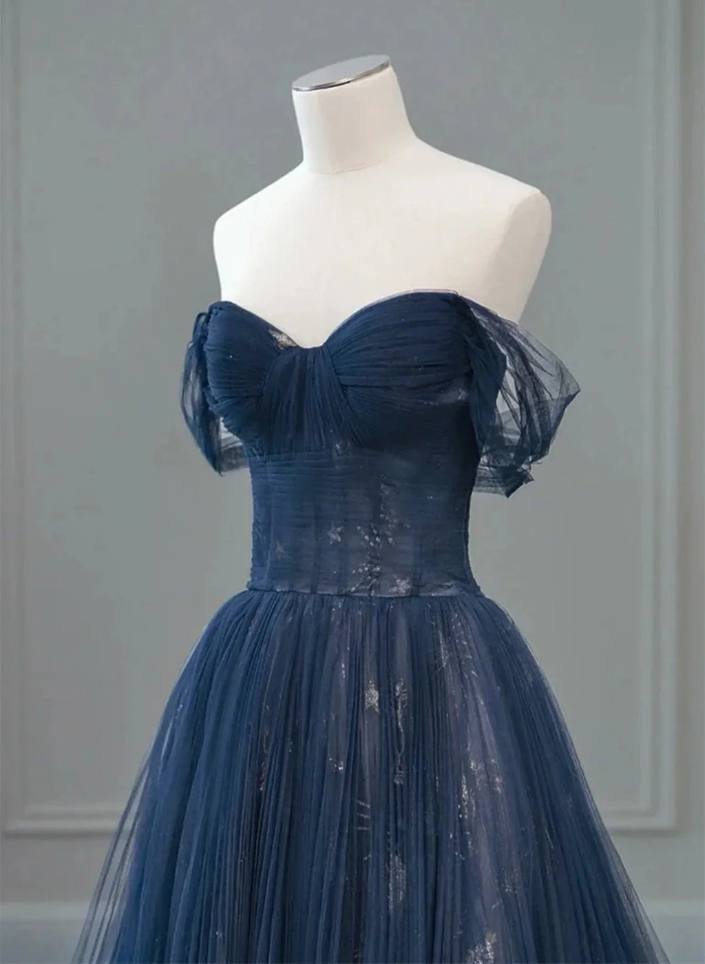 Navy Blue Sweetheart Off Shoulder Tulle Prom Dress, A-line Tulle Formal Dress TP1057