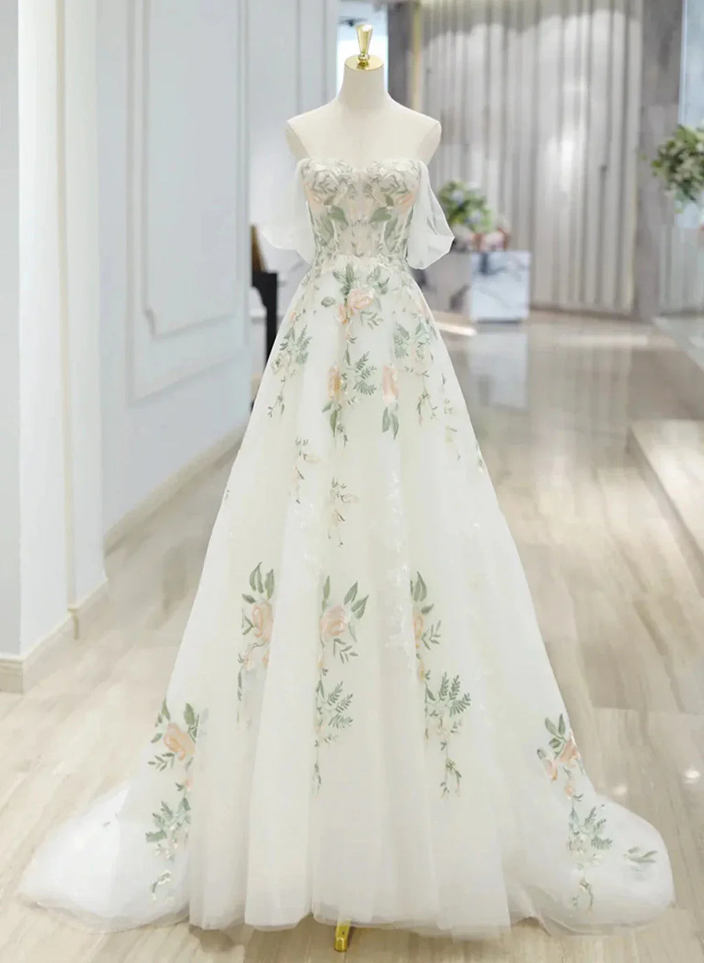 Elegant White Sweetheart Off-the-Shoulder Floral Tulle Wedding Dress TP1061