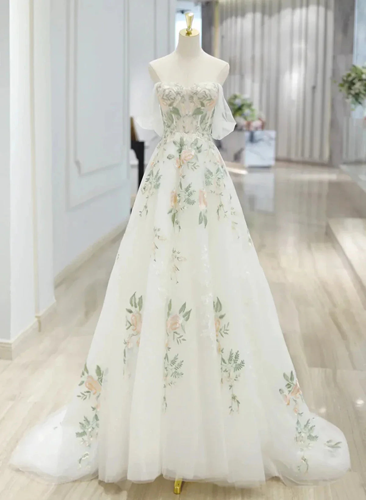 Elegant White Sweetheart Off-the-Shoulder Floral Tulle Wedding Dress TP1061