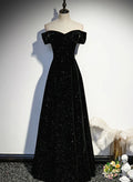 Simple Black Sweetheart Off Shoulder Long Velvet Prom Dress, Black Evening Dress TP1075