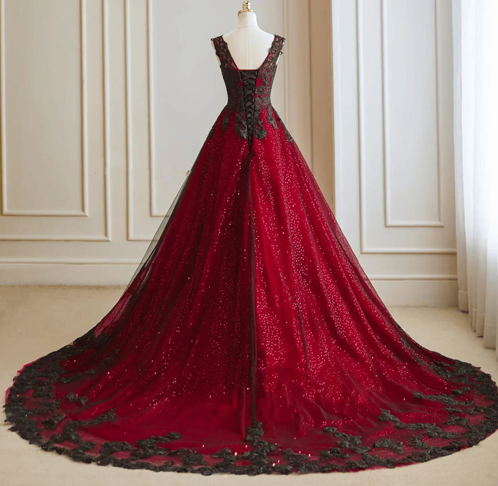 A-line Black and Red Tulle with Lace Party Dress, Black and Red Formal Dress TP1085