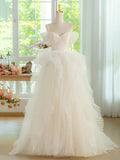 Light Champagne Spaghetti Strap Tulle Long Prom Dress, Beautiful A-Line Formal Evening Dress TP109