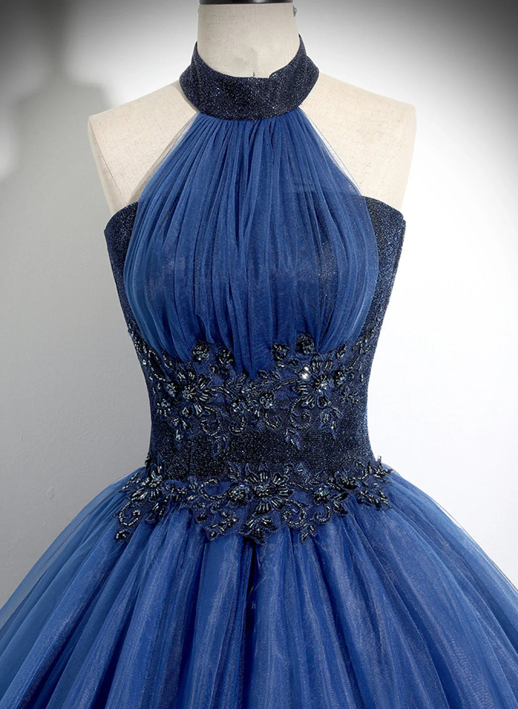 Navy Blue High Neckline Tulle Long Formal Dress, Navy Blue Ball Gown Party Dress TP1095
