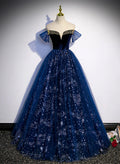 Lovely Navy Blue Tulle Off Shoulder Beaded Long Party Dress, Navy Blue Tulle Prom Dress TP1096