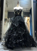 A-line Black Sweetheart Tulle Layers Long Party Dress, Black Tulle Prom Dress TP1098