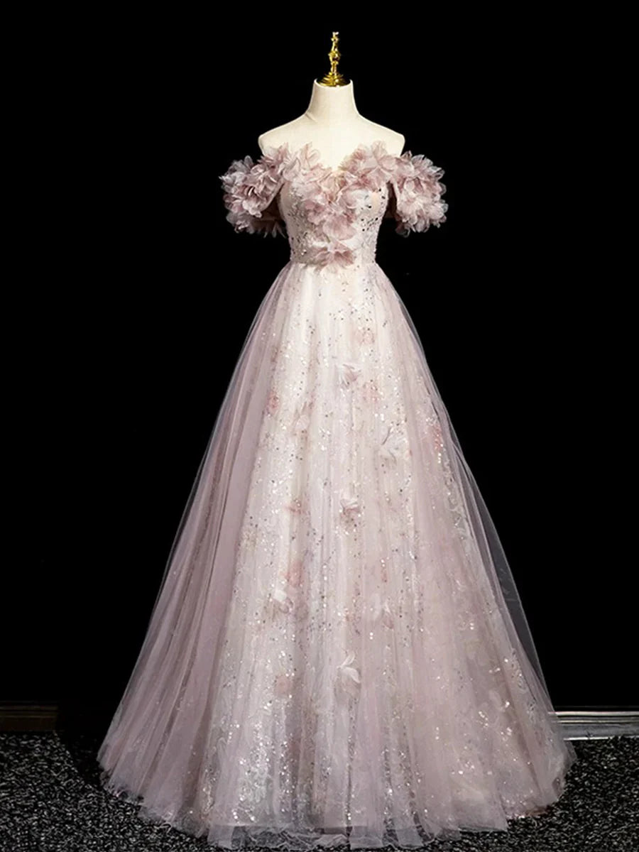 Dusty Pink Tulle Sequins Floor Length Prom Dress, Beautiful A-Line Evening Party Dress TP110