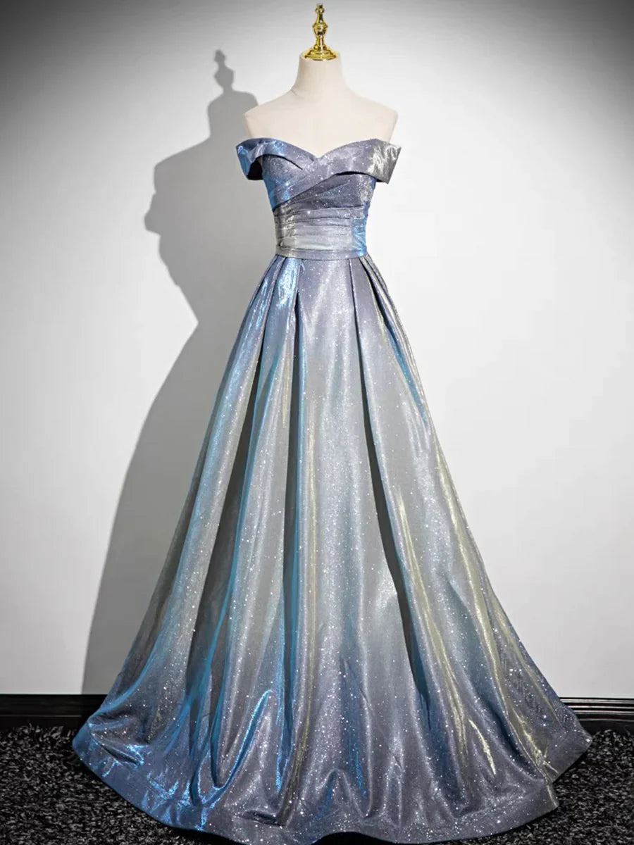 Glamorous Off-the-Shoulder A-Line Shimmering Iridescent Satin Formal Gown Ruched Prom Dress TP115