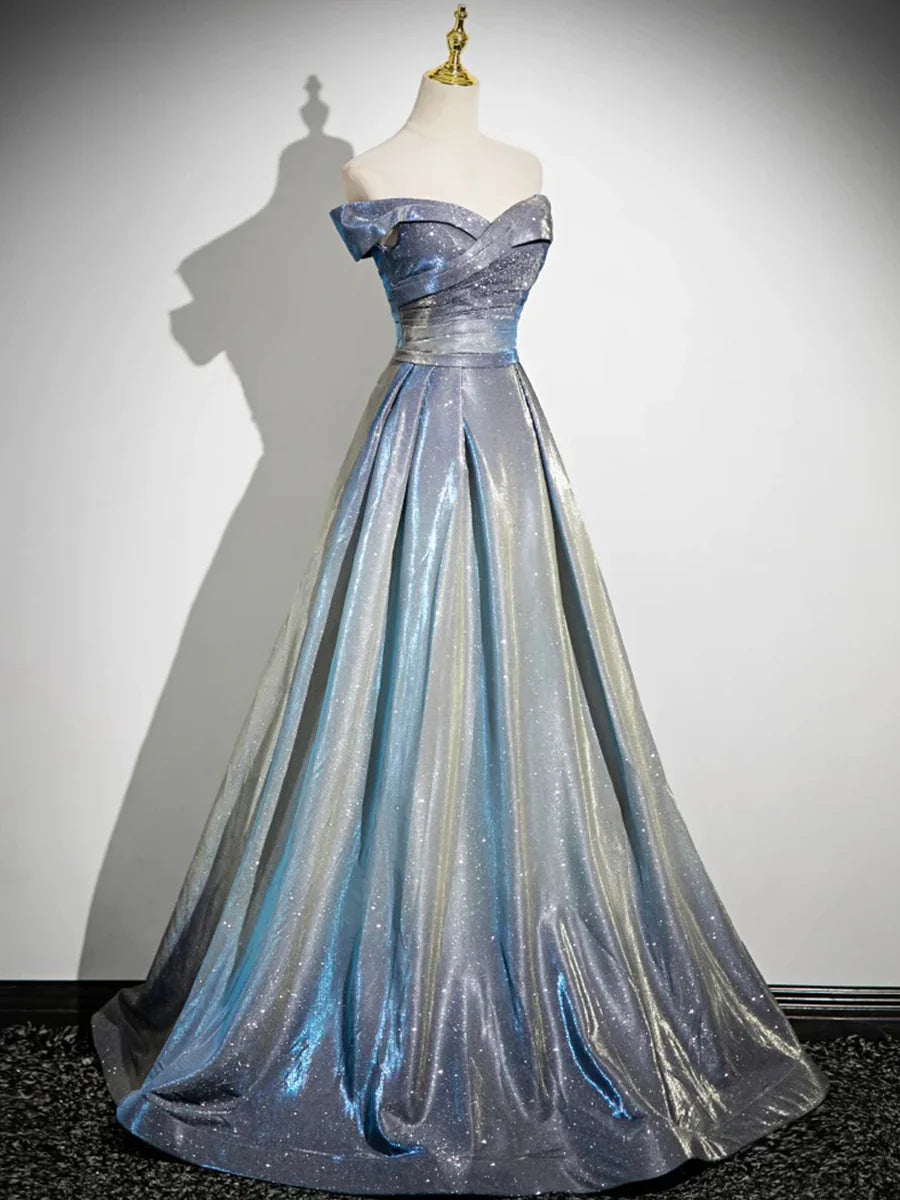 Glamorous Off-the-Shoulder A-Line Shimmering Iridescent Satin Formal Gown Ruched Prom Dress TP115